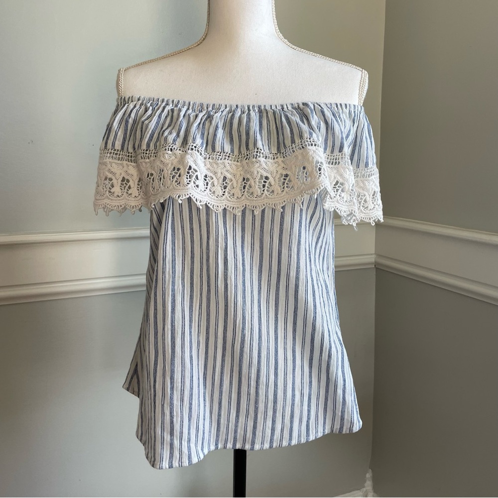 Angie Blue and White Ruffled Off the shoulder Blouse with Relaxed Fit Size Small